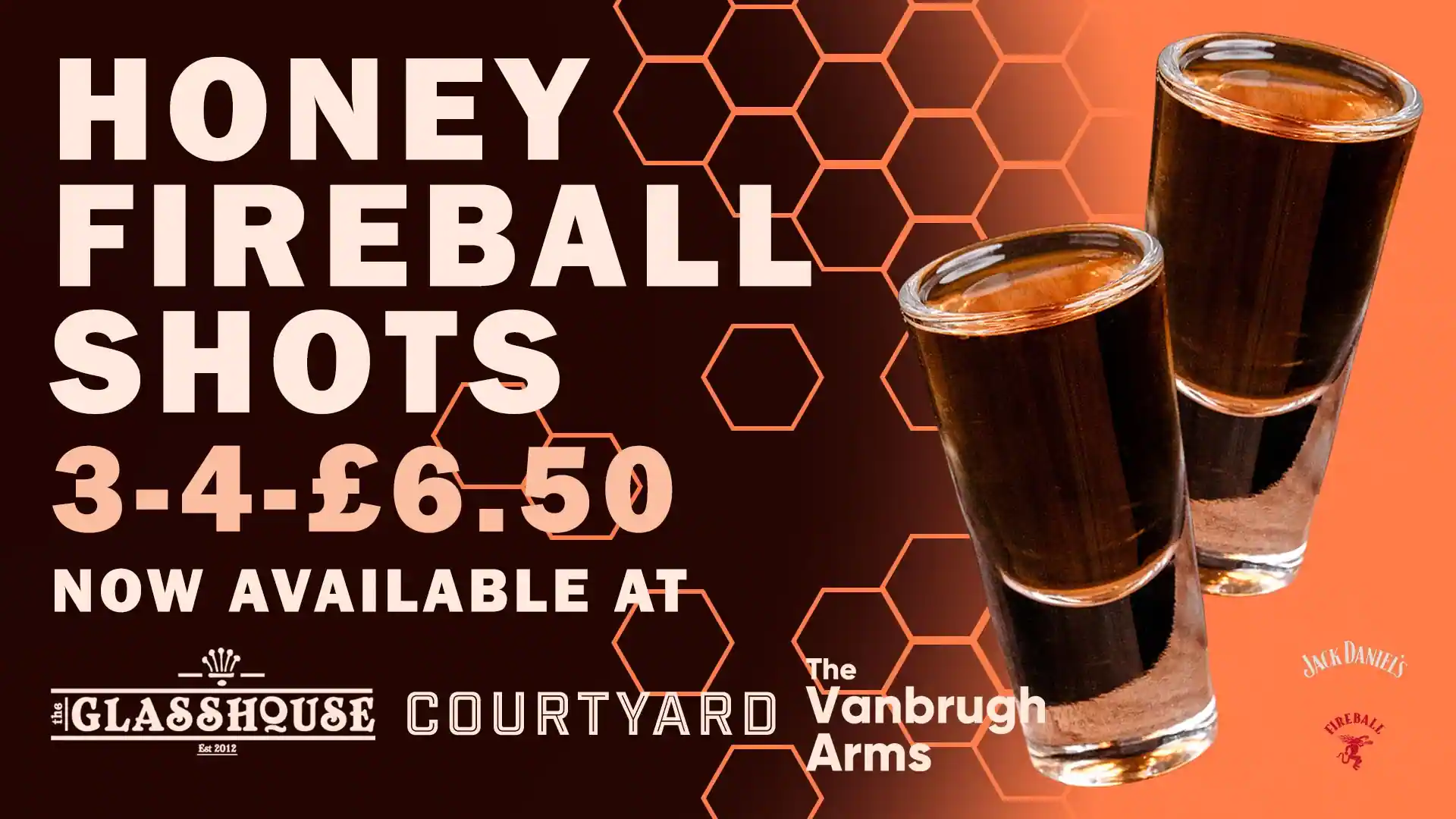 An advertisement for honey fireball shots with a dark background and honeycomb patterns